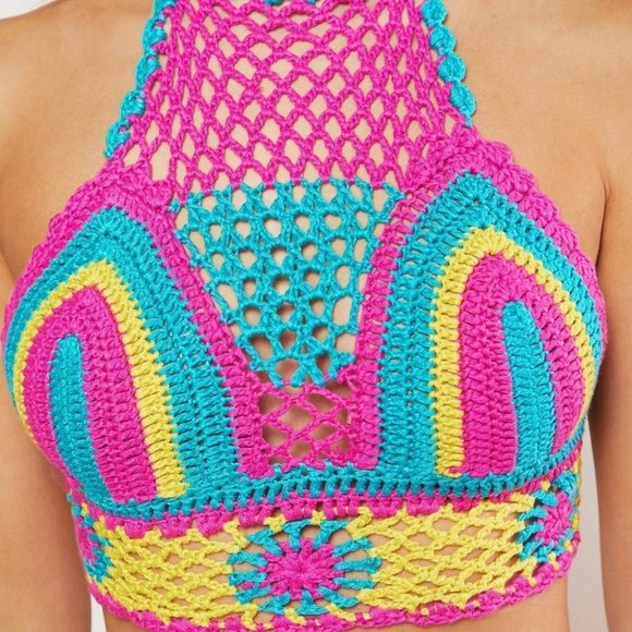 Multicolor Vacation Womens Colorblock Tie Backless Halter Knit Top - Picture 5 of 5